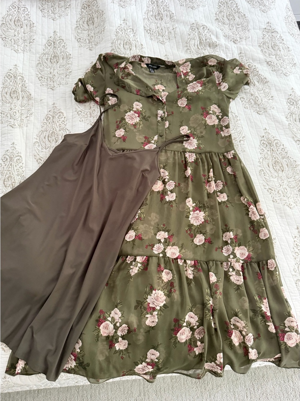 New Look Olive V-Neck Mini Slip Dress